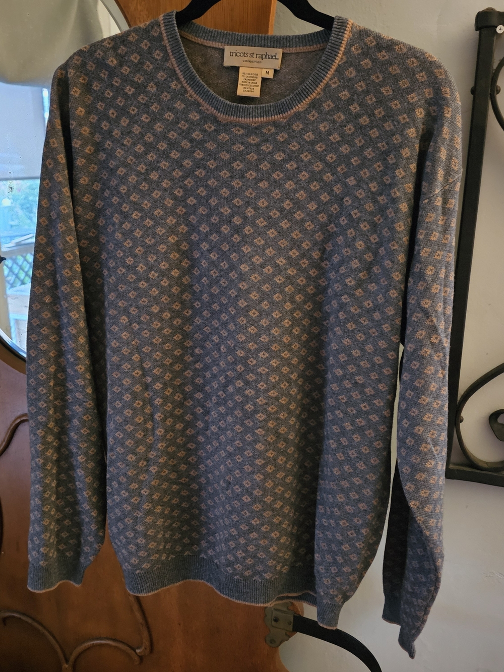 Vintage Tricots St Raphael Silk Cashmere Blend Sweater Blue Tan Patterned Medium
